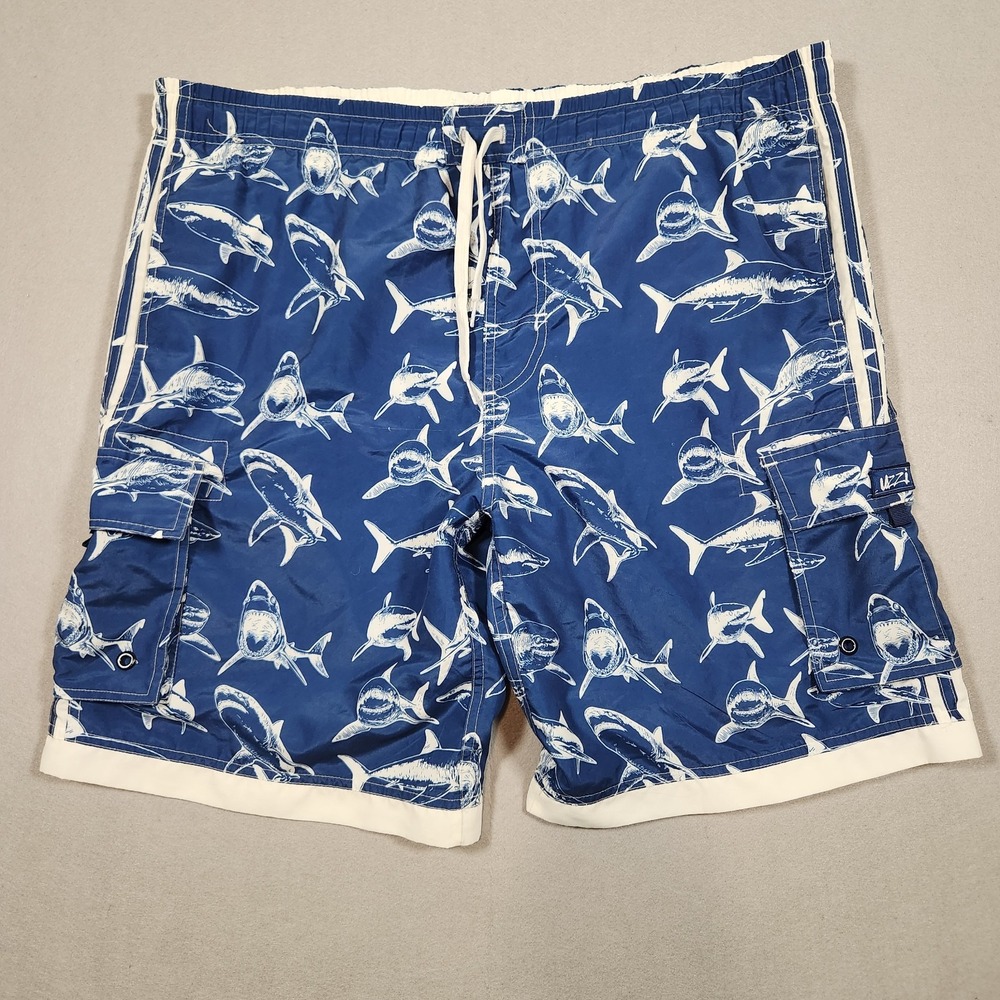 Uzzi Swim Trunks Men's M Amphibious Gear Sharks Fish Lined Navy Blue Drawstring